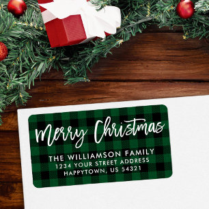 Brush Script Merry Christmas Green Plaid Address Label