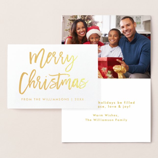 Brush Script Merry Christmas Photo Gold Foil Card (Display)