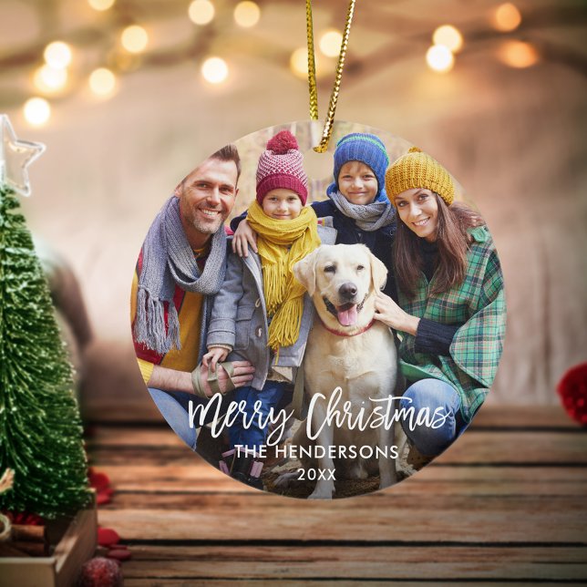 Brush Script Merry Christmas Photo Red Back Ceramic Ornament (Customize to change your personalized text size or text style.)