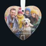 Brush Script Merry Christmas Photo Red Back Heart Ornament<br><div class="desc">Modern Brush Script Merry Christmas Family Photo Heart Ornament - Red Snowflakes back</div>