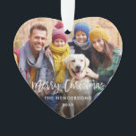 Brush Script Merry Christmas Photo Red Back Heart Ornament<br><div class="desc">Modern Brush Script Merry Christmas Family Photo Heart Ornament - Red Snowflakes back</div>