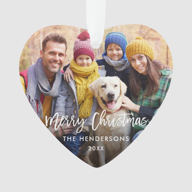 Brush Script Merry Christmas Photo Red Back Heart Ornament (Front)