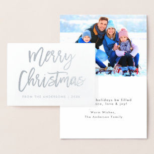 Brush Script Merry Christmas Photo Silver Foil Card