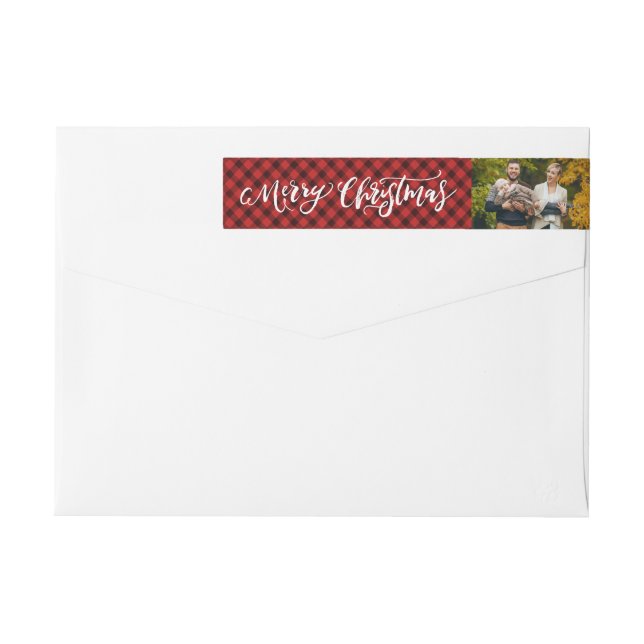 Brush Script Merry Christmas | Plaid Holiday Photo Wrap Around Label (Back)