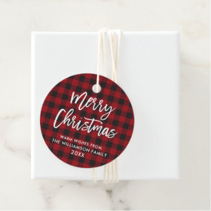 Brush Script Merry Christmas Red Buffalo Plaid Favor Tags