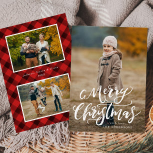 Brush Script Merry Christmas Red Plaid 3 Photo Holiday Card