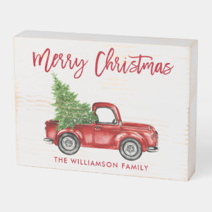Brush Script Merry Christmas Vintage Red Truck Wooden Box Sign