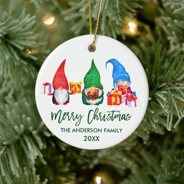 Brush Script Merry Christmas Watercolor Gnomes Ceramic Ornament (Tree)