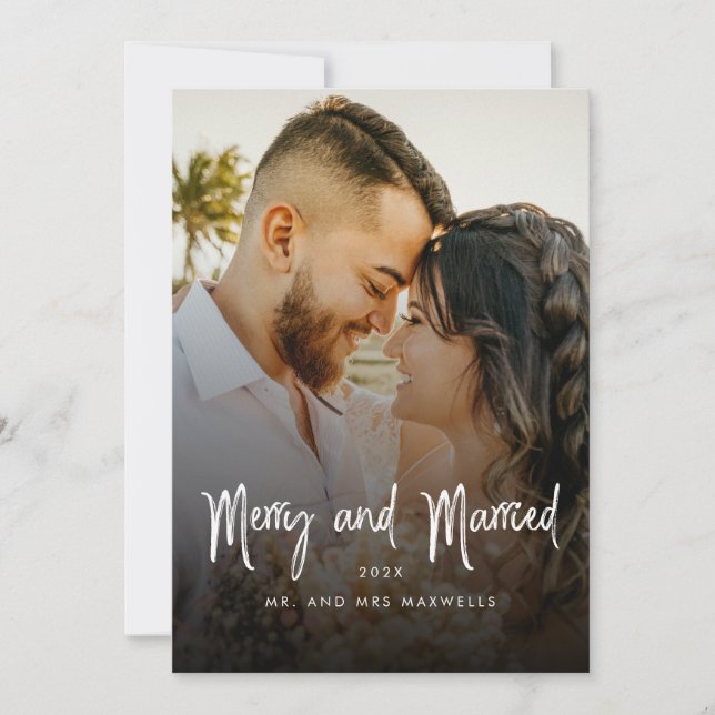 Brush Script Merry & Married Couples Christmas Holiday Card (Front)
