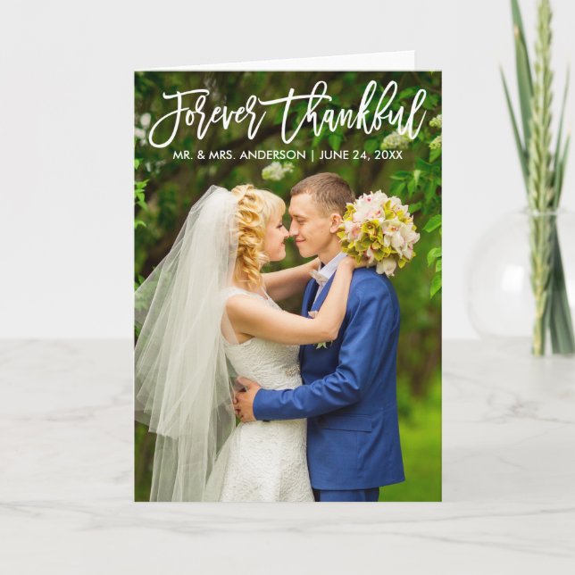 Brush Script Modern Forever Thankful Wedding Fold Letterpress Thank You Card (Front)