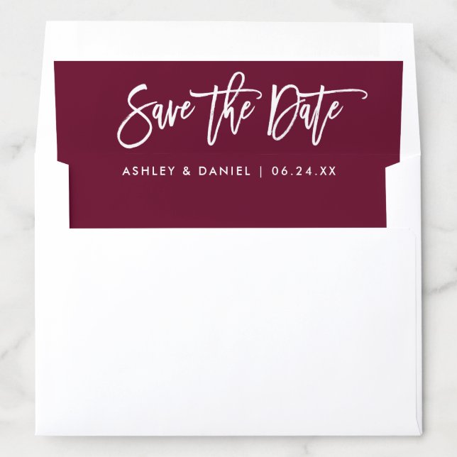 Brush Script Modern Save The Date Burgundy Envelope Liner (In Envelope)