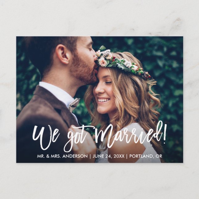 Brush Script Modern We Got Married Couple Photo Postcard (Front)