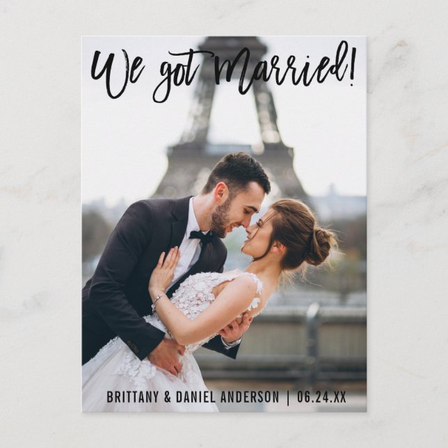 Brush Script Modern We Got Married Couple Photo Postcard (Front)