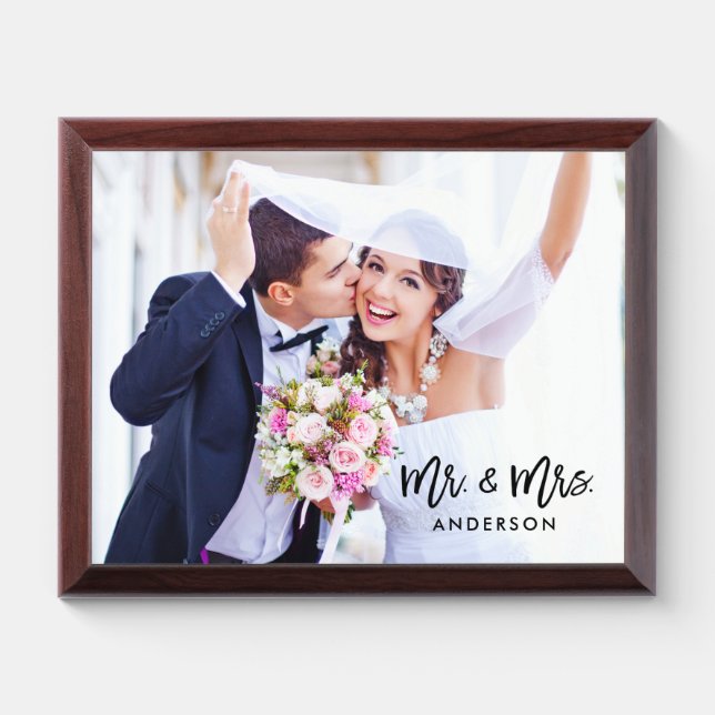 Brush Script Mr. and Mrs. Wedding Photo Plaque (Horizontal)