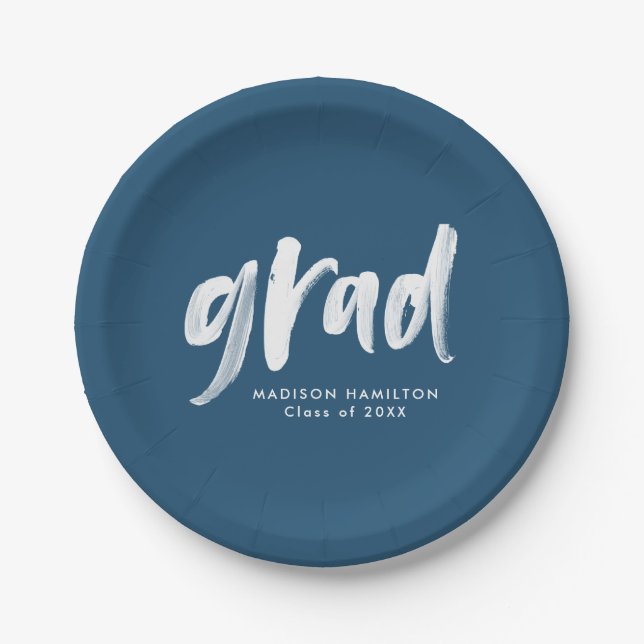 Brush Script Navy Graduation Paper Plates (Front)