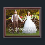 Brush Script Our Adventure Begins Photo Plaque<br><div class="desc">Modern Brush Script Our Adventure Begins Couple Wedding Photo Plaque</div>