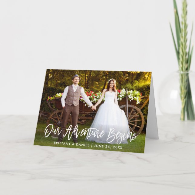 Brush Script Our Adventure Begins Wedding Fold Letterpress Thank You Card (Front)