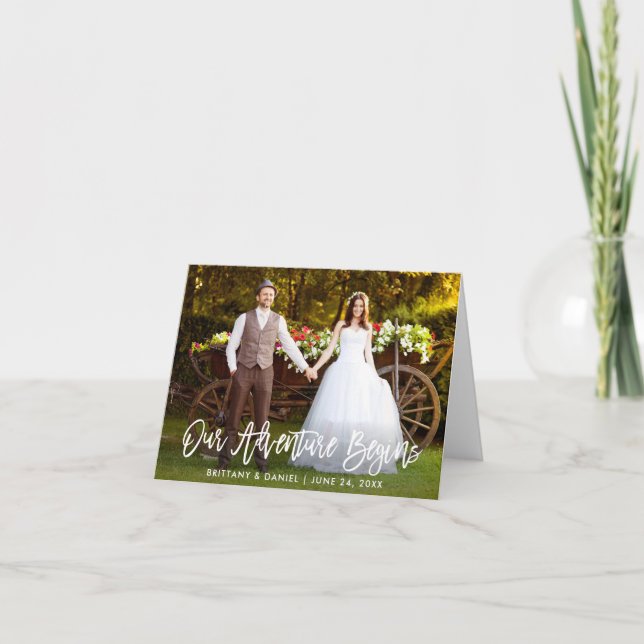 Brush Script Our Adventure Begins Wedding Note Letterpress Thank You Card (Front)