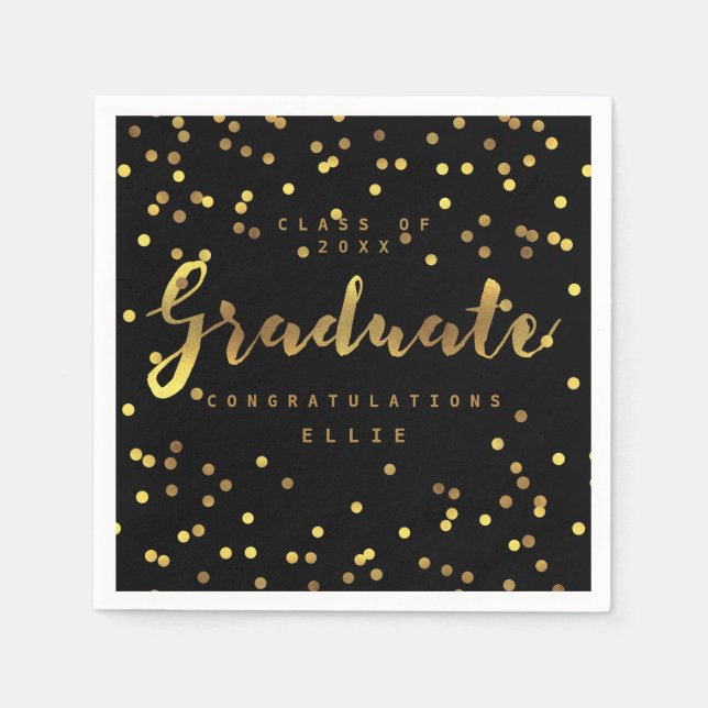 Brush Script Personalized Gold Foil Confetti Black Napkins (Front)
