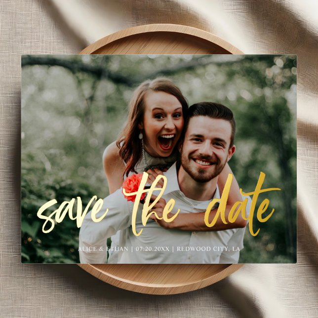 Brush Script Photo Wedding Save The Date Foil Invitation Postcard (Creator Uploaded)
