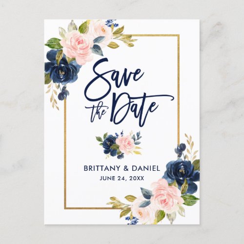 Brush Script Pink Blue Floral Gold Save the Date Announcement Postcard