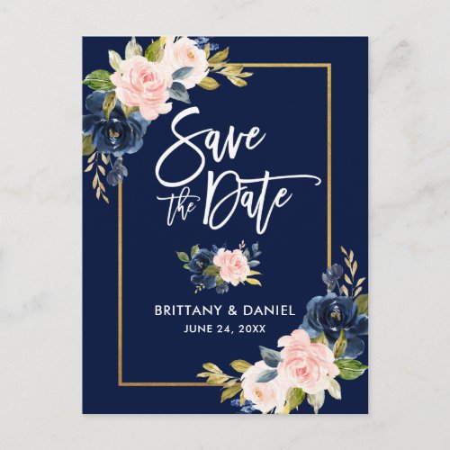 Brush Script Pink Blue Floral Save the Date Announcement Postcard