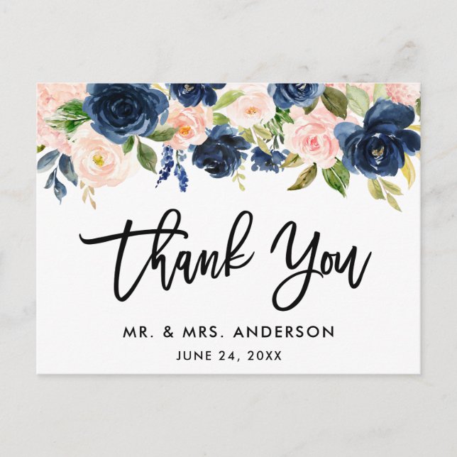 Brush Script Pink Blue Floral Wedding Thank You Postcard (Front)
