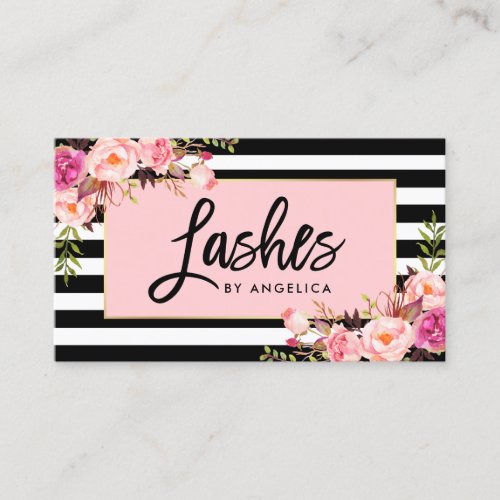 Brush Script Pink Blush Floral Lashes Striped Business Card