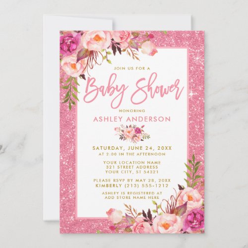 Brush Script Pink Floral Glitter Baby Shower Invitation