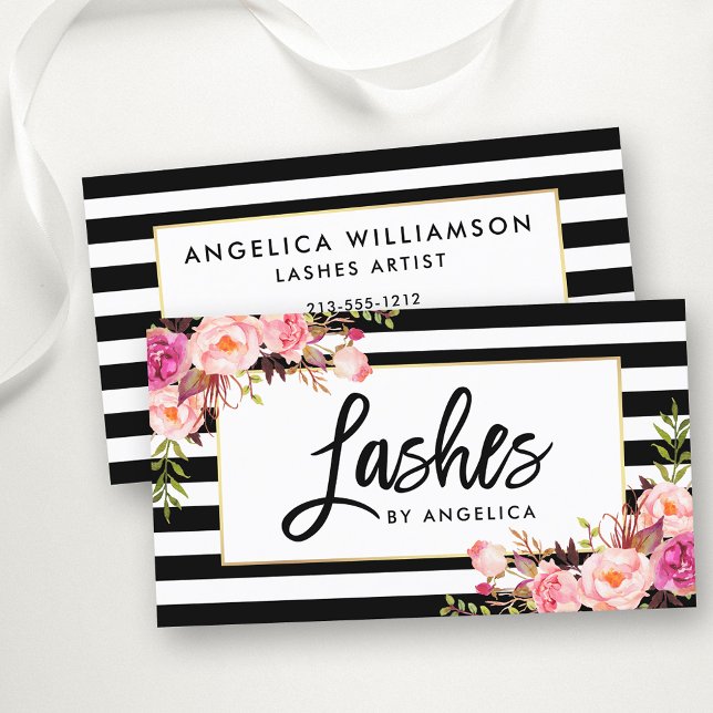Brush Script Pink Floral Lashes Striped Business Card (Customize to change your personalized text size, color or text style.)