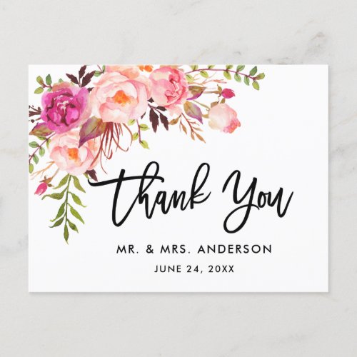 Brush Script Pink Floral Wedding Thank You Postcard