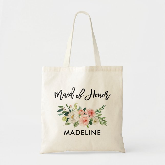 Brush Script Pink White Floral Maid of Honor Tote Bag (Front)