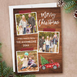 Brush Script Plaid Craft Tape Wood Truck Christmas Holiday Card<br><div class="desc">Modern Brush Script Merry Christmas 3 Photo Collage Holiday Card includes Red Plaid Craft Tape and Watercolor Vintage Red Truck with Christmas Tree. Rustic Country Wood.</div>