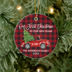 Brush Script Plaid First Christmas New Home Truck Ceramic Ornament