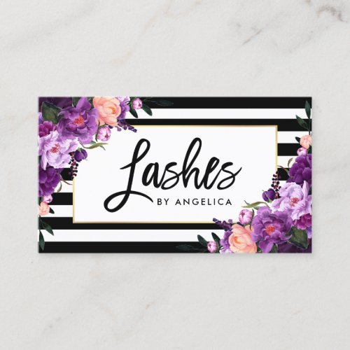 Brush Script Purple Floral Lashes Striped Business Card