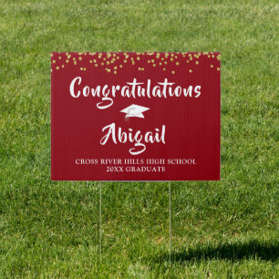 Brush Script Red and Gold Confetti Graduation Sign