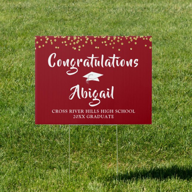 Brush Script Red and Gold Confetti Graduation Sign (Insitu)