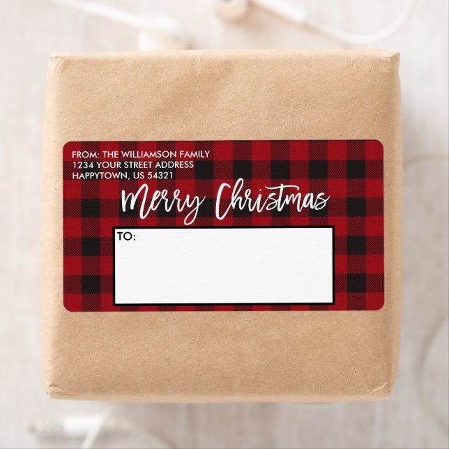 Brush Script Red Buffalo Plaid Christmas Mailing Label (Insitu)