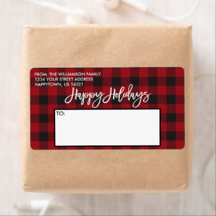 Brush Script Red Buffalo Plaid Holidays Mailing Label