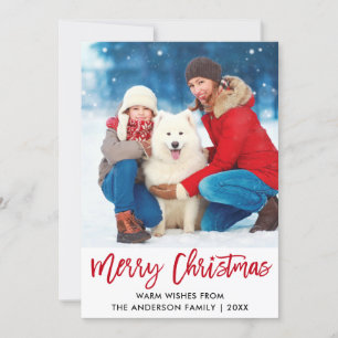 Brush Script Red Merry Christmas Star Photo Holiday Card