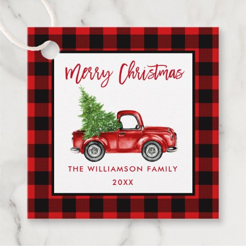 Brush Script Red Plaid Christmas Vintage Red Truck Favor Tags