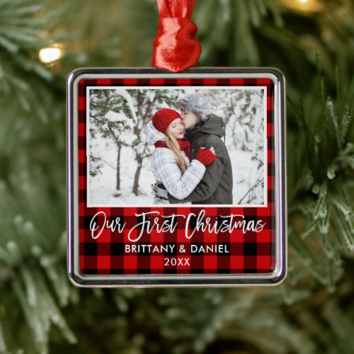 Brush Script Red Plaid Couple First Christmas Metal Ornament