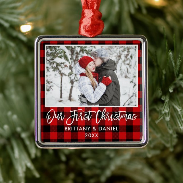 Brush Script Red Plaid Couple First Christmas Metal Ornament (Tree)