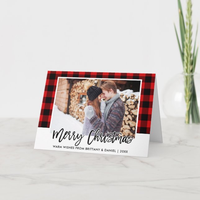 Brush Script Red Plaid Couple Photo Christmas Holiday Card (Front)