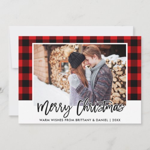 Brush Script Red Plaid Couple Photo Christmas Holiday Card