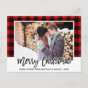 Brush Script Red Plaid Couple Photo Christmas Postcard
