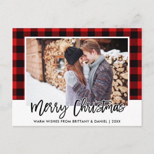 Brush Script Red Plaid Couple Photo Christmas Postcard