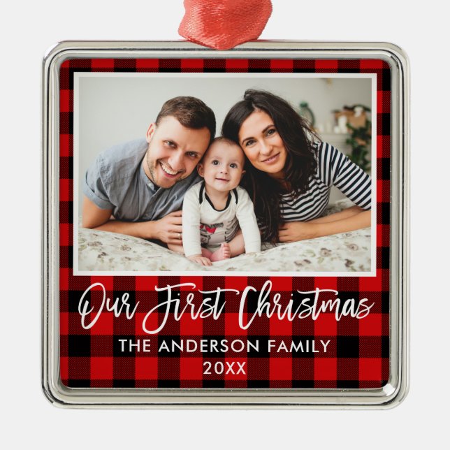 Brush Script Red Plaid Family First Christmas Metal Ornament (Front)