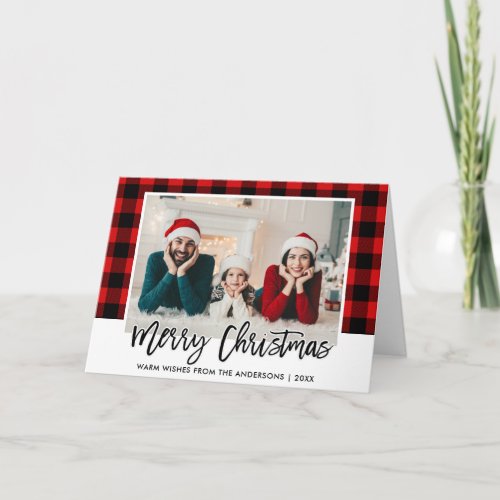 Brush Script Red Plaid Family Photo Christmas Holiday Card