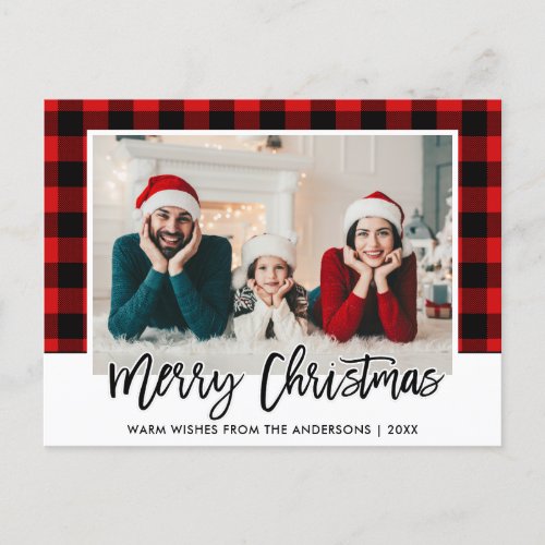 Brush Script Red Plaid Family Photo Christmas Postcard